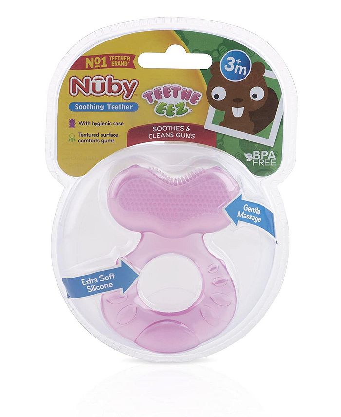 Nuby Silicone Teether with Bristles, Includes Hygienic Case, Pink, 2