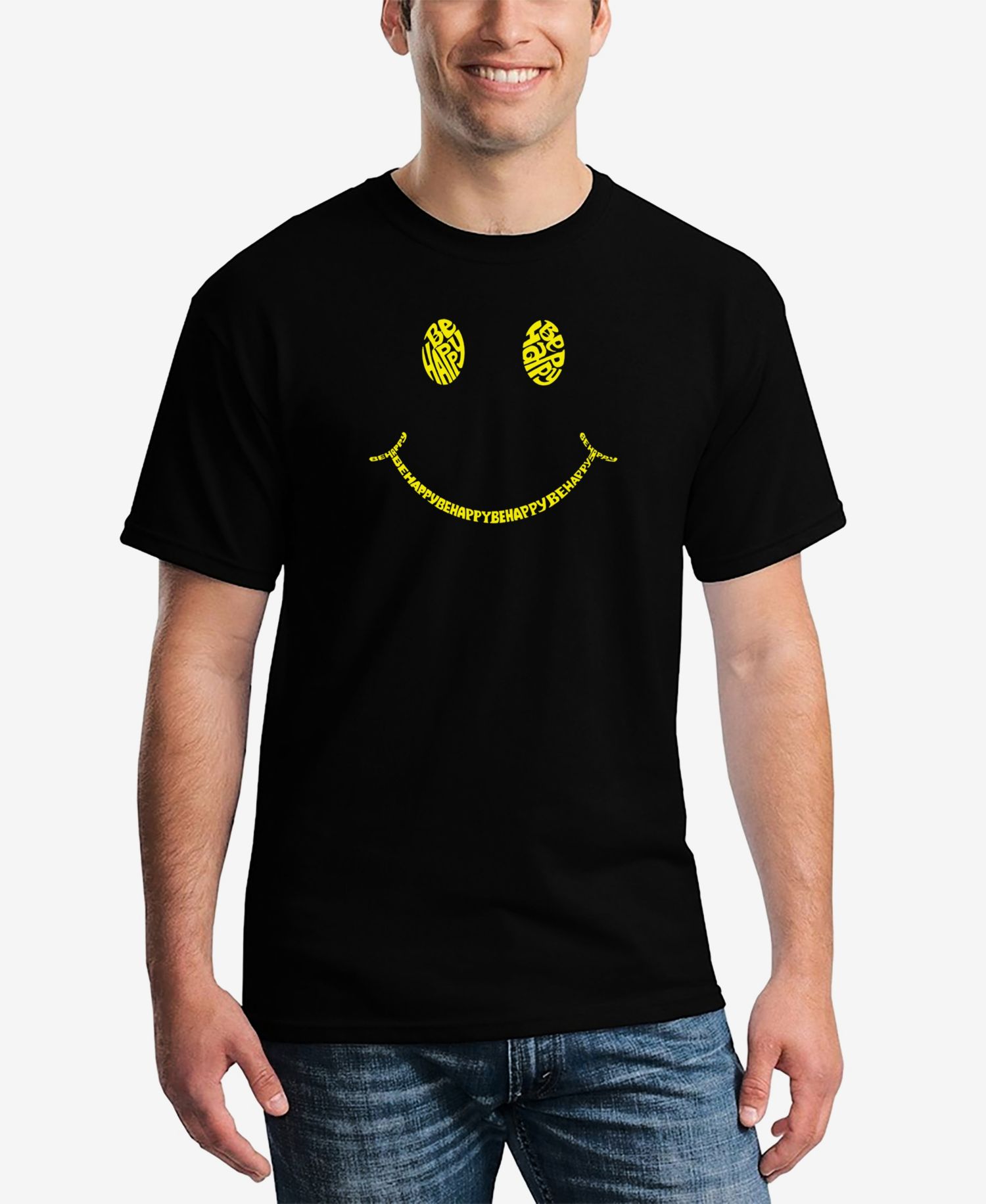 Men's Be Happy Smiley Face Word Art Short Sleeve T-shirt