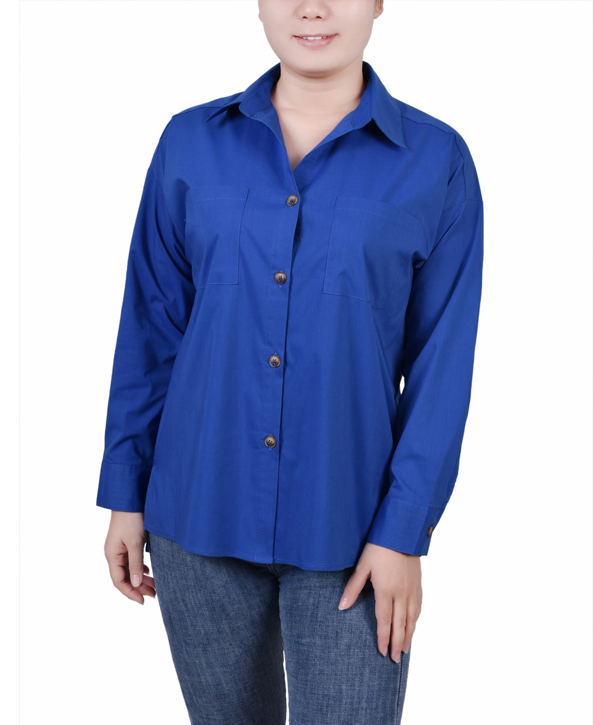Petite Long Sleeve Blouse with Chest Pockets - Electric Blue Lemonade