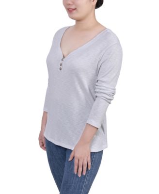 Petite Long Sleeve Ribbed Henley Top