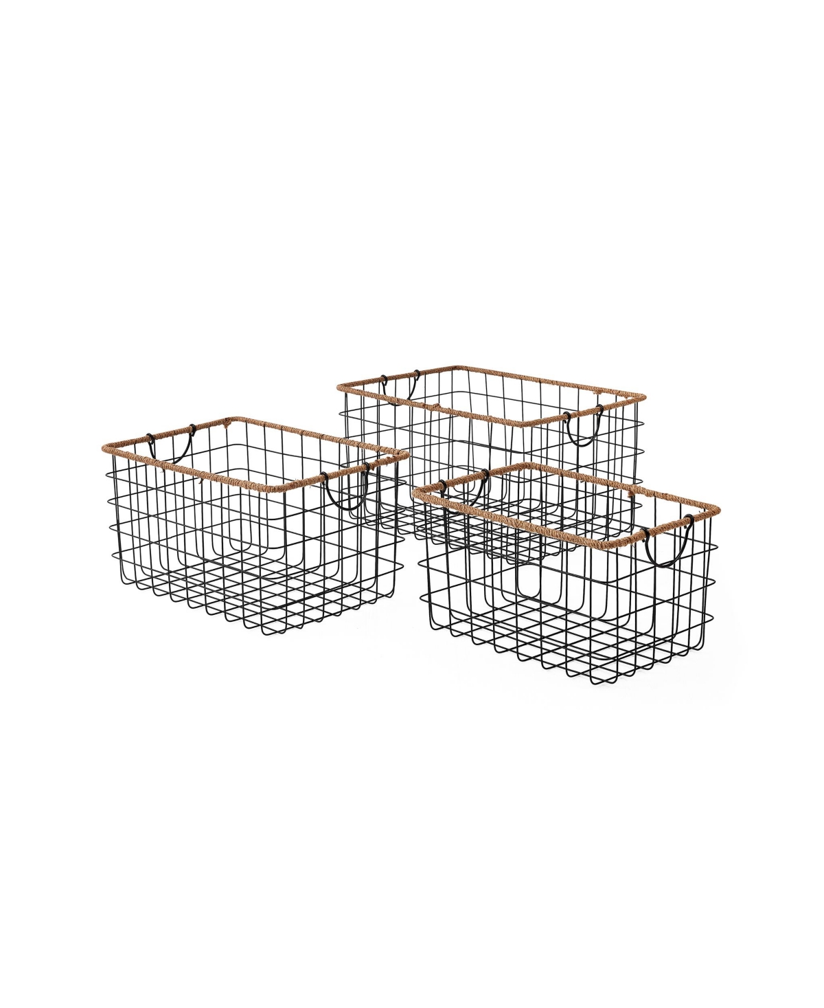 Rectangular Grid Black Wire Baskets with Jute Rim and Fold Down Ear Handles, Set of 3 - Black, Natural