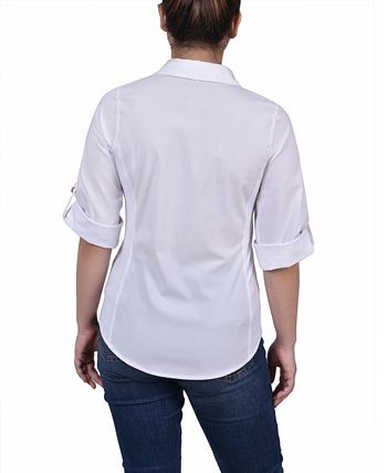 Red 3/4 Roll Tab Blouse With Pockets - Petite
