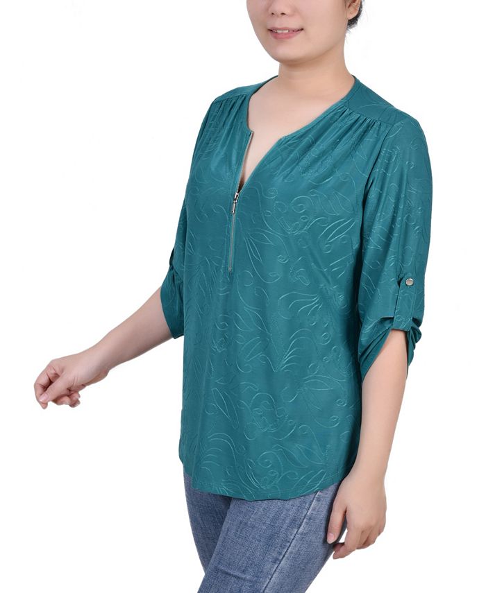 NY Collection Petite 3/4 Roll Tab Zip Front Top - Golden Glow
