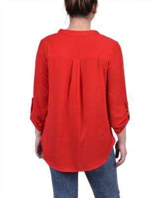 Petite 3/4 Sleeve Mandarin Collar Blouse with Front Pleats