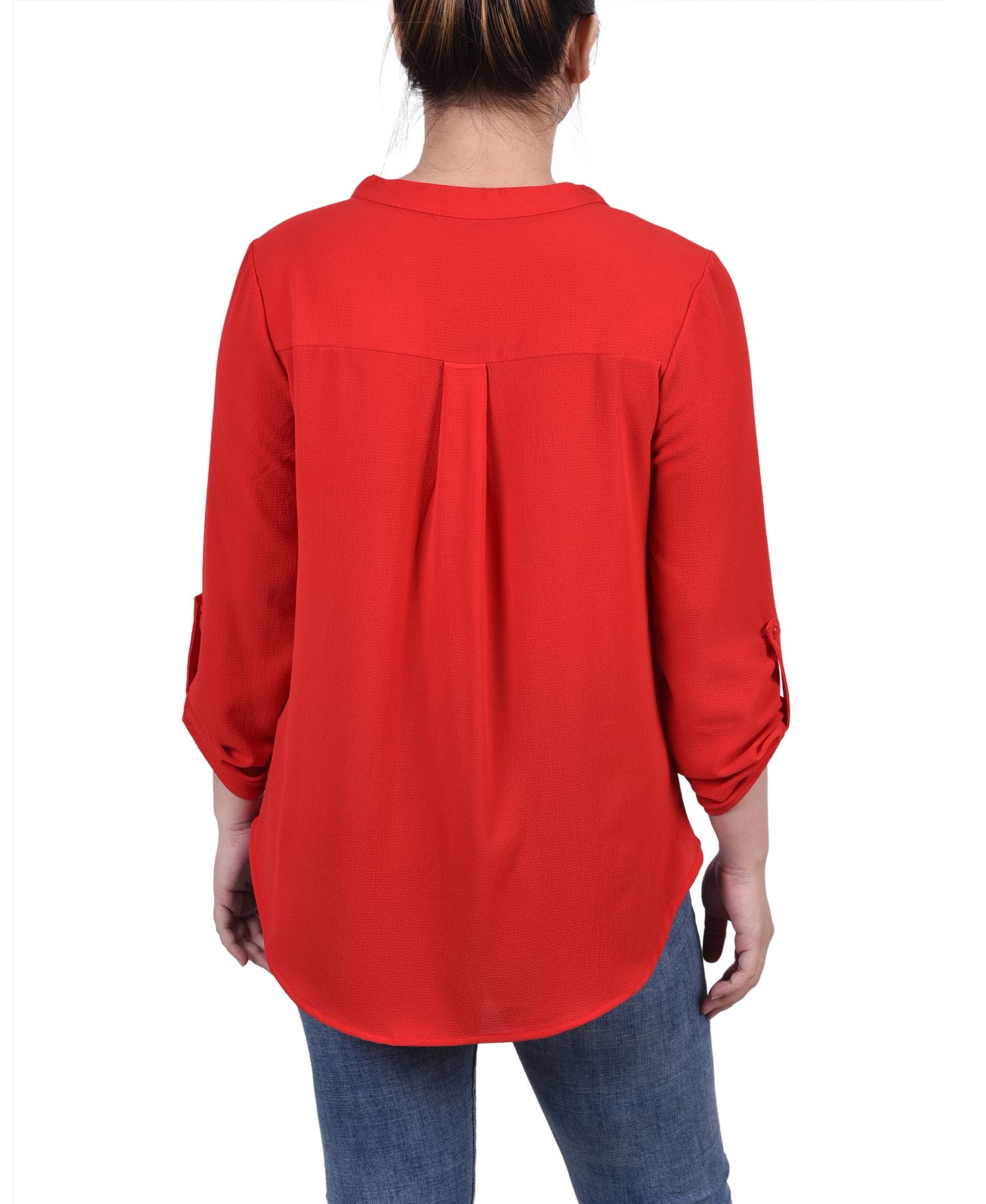 Petite 3/4 Sleeve Mandarin Collar Blouse with Front Pleats