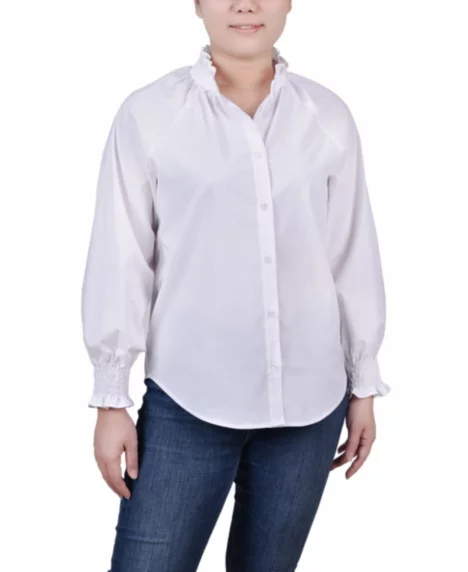 Petite Cinch Sleeve Button Front Blouse - White