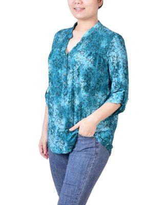 Petite 3/4 Roll Tab Sleeve Smocked-Yoke Top