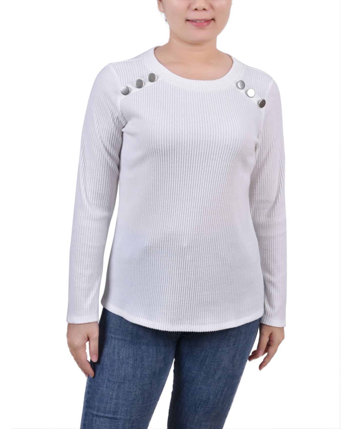 Женский топ NY Collection Petite Long Sleeve Ribbed Button Detail, цвет: Слоновая кость — фото 1