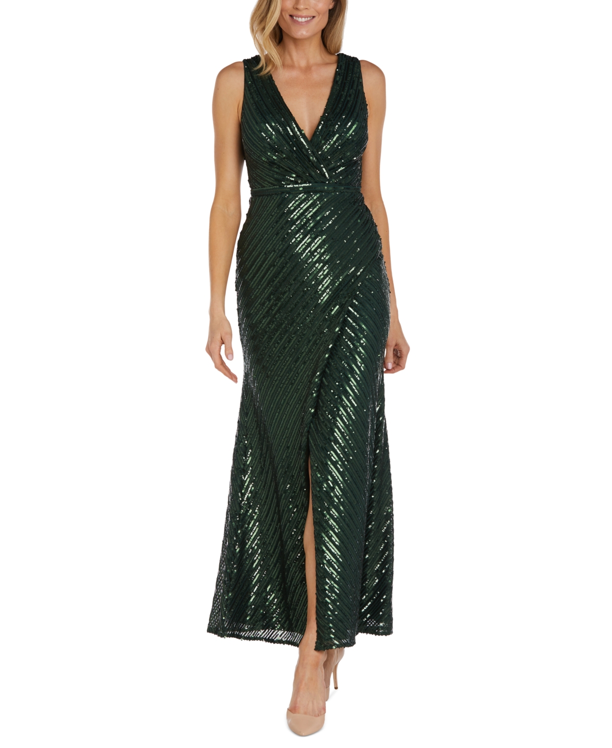Nightway Women's Faux-wrap Sleeveless Sequin Gown In Pine