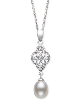 Belle de Mer - Cultured Freshwater Pearl (7-8mm) & Lab-Created White Sapphire (1/10 ct. t.w.) Double Drop 18" Pendant Necklace in Sterling Silver