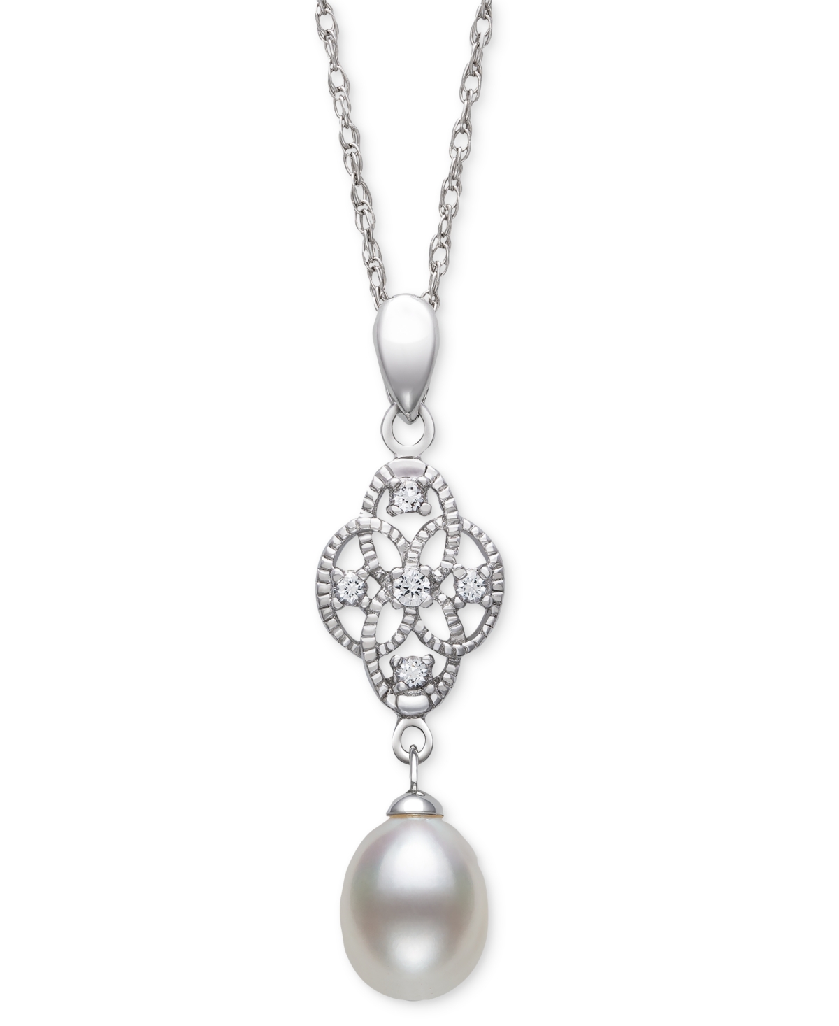 Belle De Mer Cultured Freshwater Pearl (7-8mm) & Lab-created White Sapphire (1/10 Ct. T.w.) Double Drop 18" Penda In Sterling Silver