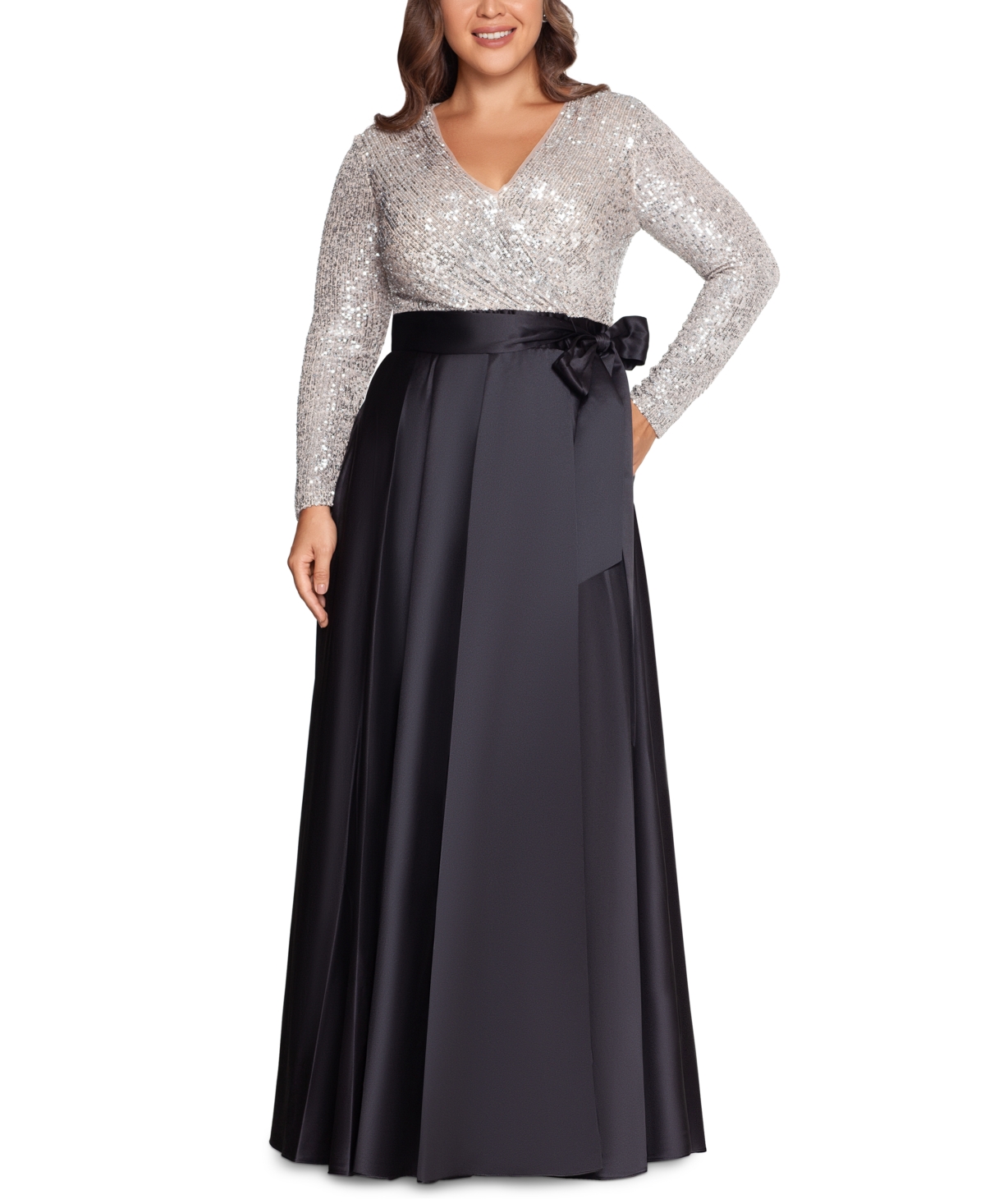 Xscape Plus Size Sequin-top Solid-skirt V-neck Ball Gown In Black Nude Silver