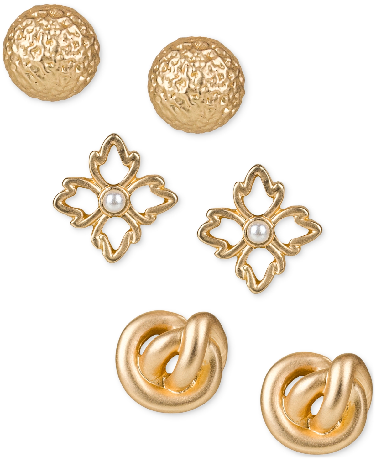 Patricia Nash Gold-tone 3-pc. Set Textured, Imitation Pearl Open Floret & Knot Stud Earrings In Egyptian Gold
