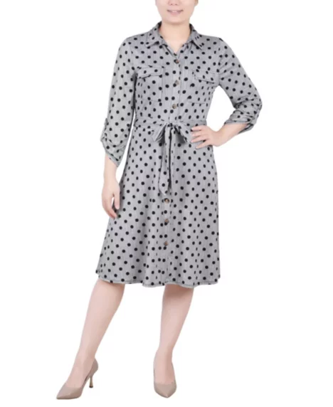 Petite 3/4 Sleeve Roll Tab Shirtdress - Black White Abstract Dot