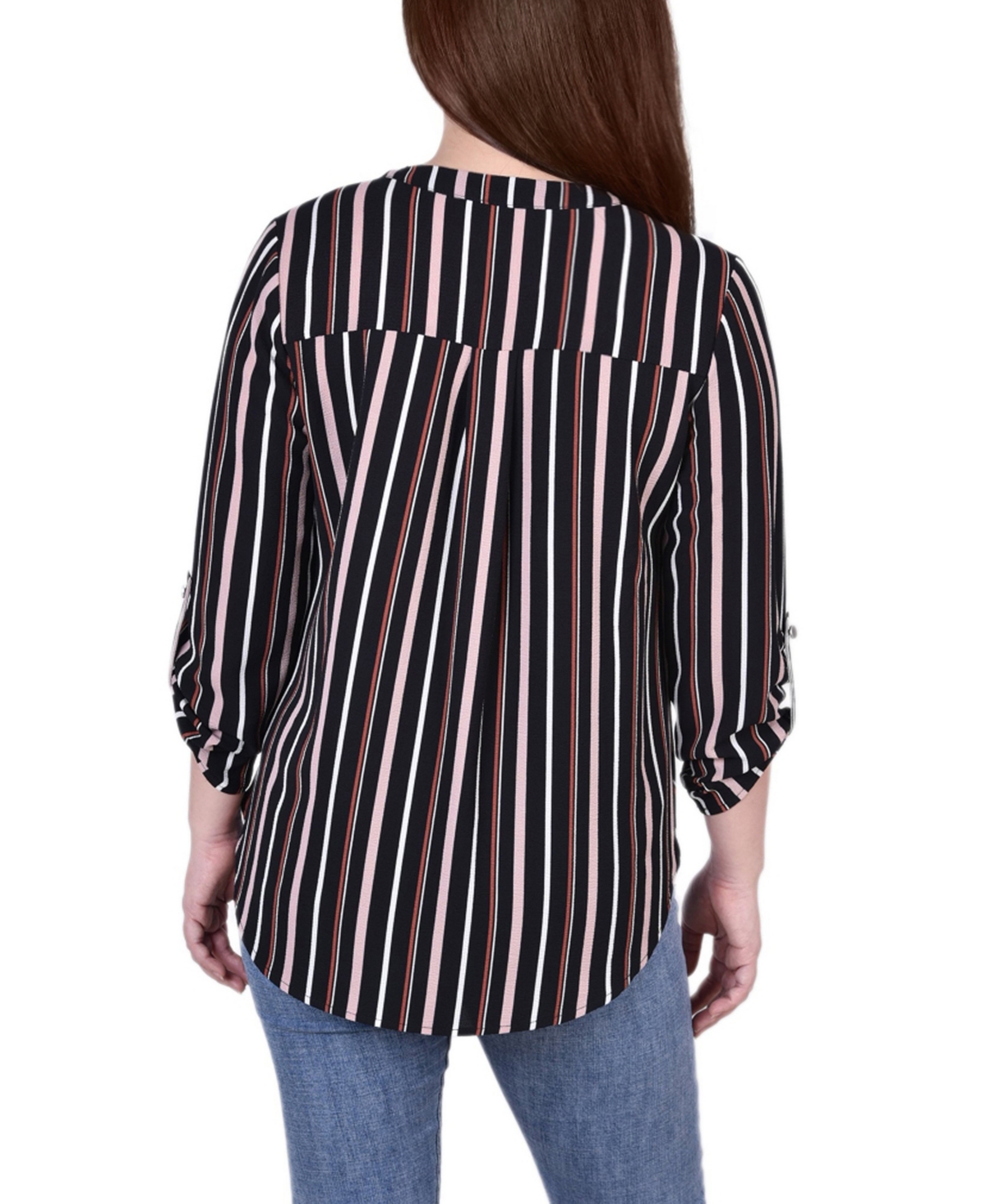 Petite Size 3/4 Push Tab Mandarin Collar Blouse with Front Pleats