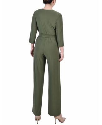Petite Short 3/4 Sleeve Belted Wide Leg Jumpsuit