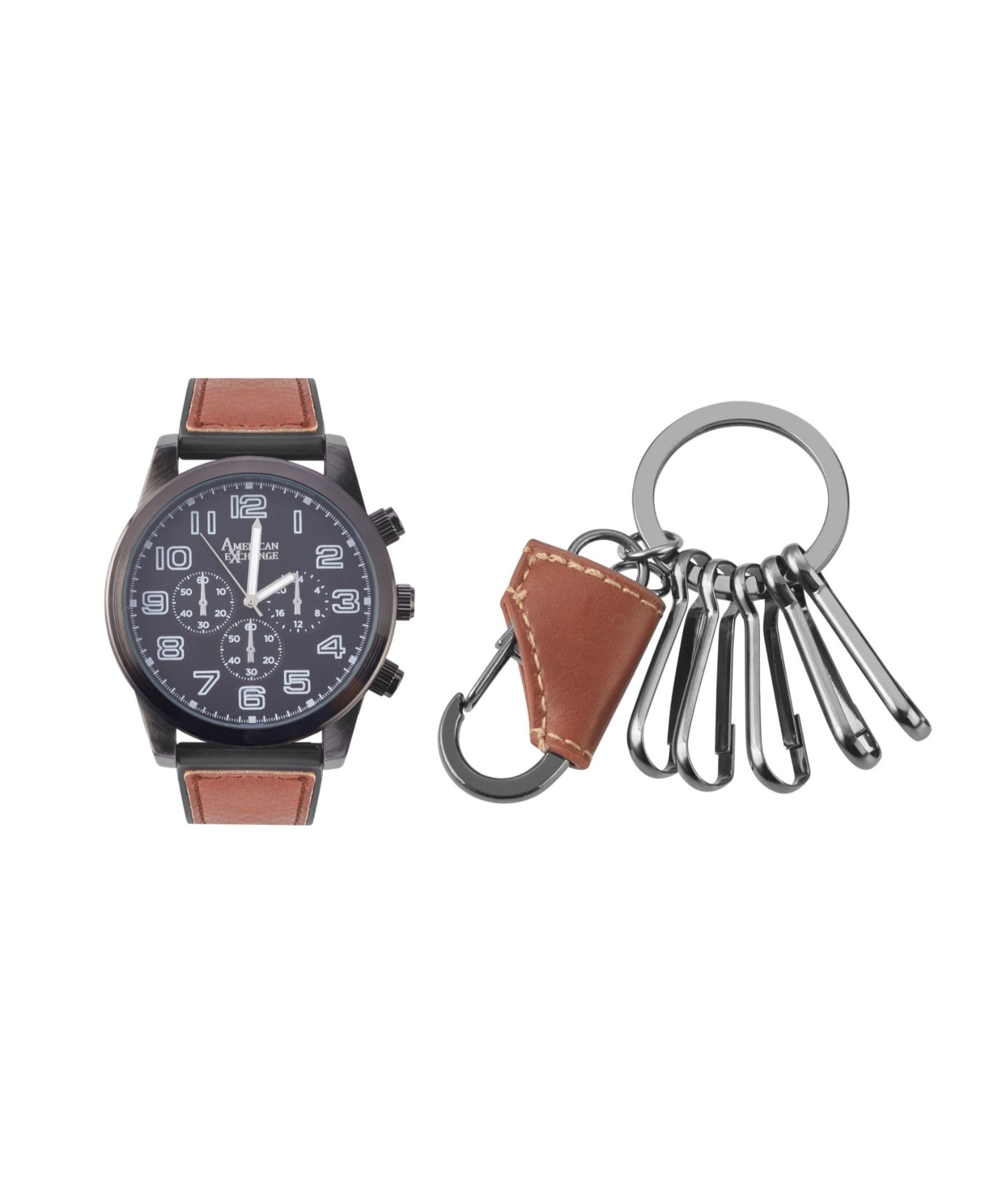 Men's Quartz Movement Cognac Leather Strap Analog Watch, 48mm and Keychain with Zippered Travel Pouch - Cognac, Matte Black