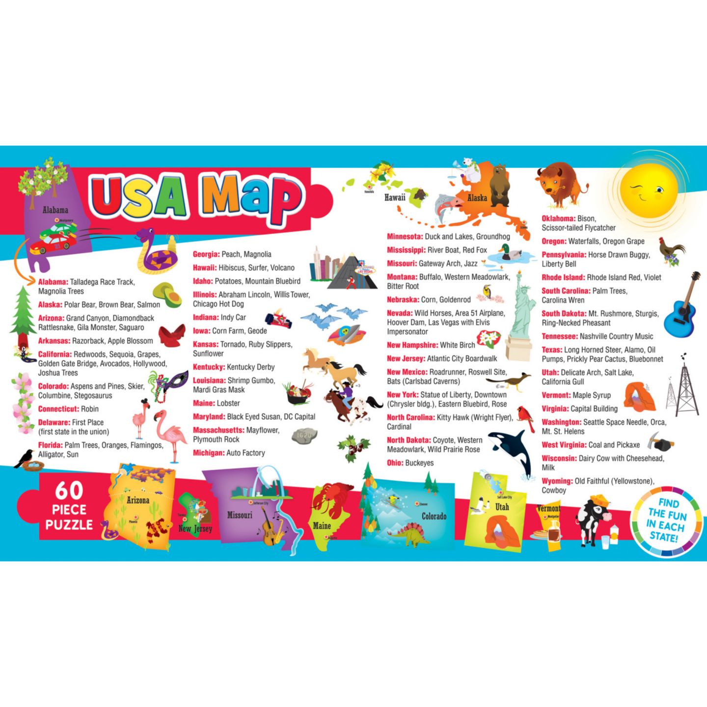 Детские игрушки MasterPieces Puzzles Explorers - USA Map with State Shaped pieces 60 Piece Kids Puzzle, цвет: Разноцветный — фото 3