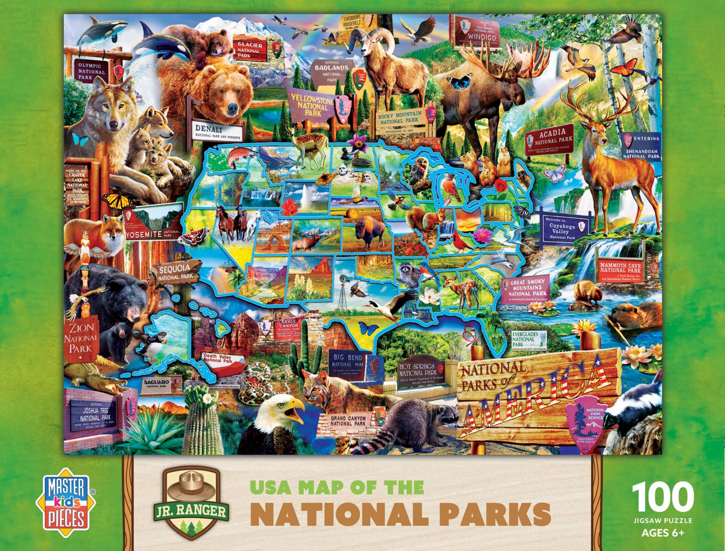 Детский пазл MasterPieces Puzzles USA Map of the National Parks 100-Piece Puzzle, Ages 6+, цвет: Разноцветный — фото 1