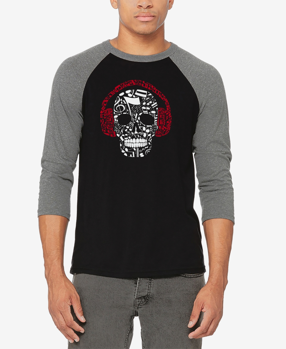 La Pop Art Men's Raglan Baseball 3/4 Sleeve Music Notes Skull Word Art T-shirt - Black
