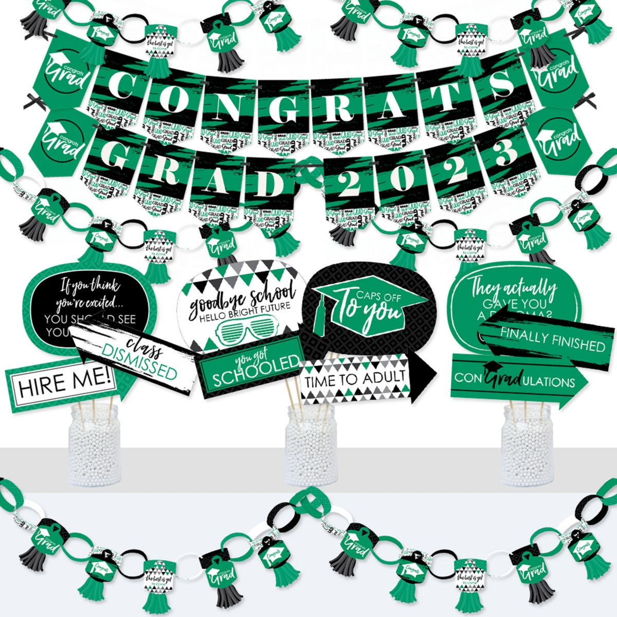 Big Dot of Happiness Green Grad - Best is Yet to Come - Banner and Photo Booth Decorations - 2023 Green Grad Party Supplies Kit - Doterrific Bundle