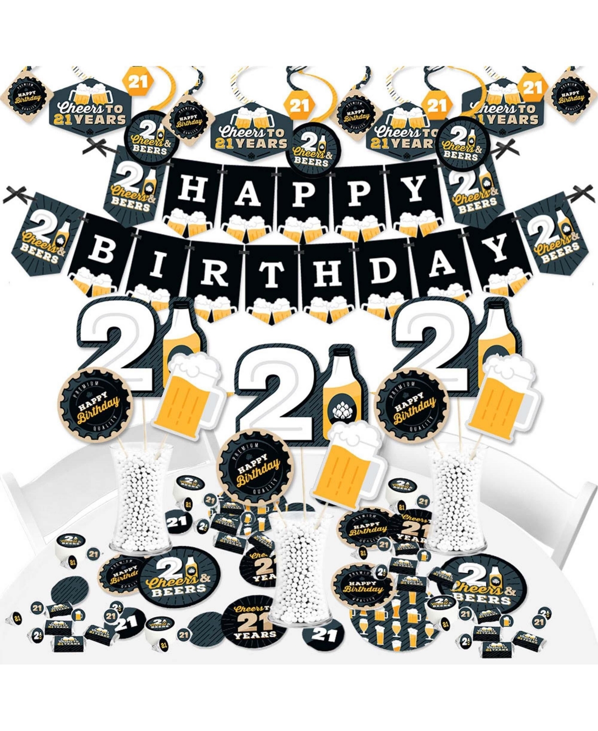 Big Dot of Happiness Cheers and Beers to 21 Years - 21st Birthday Party Supplies - Banner Decoration Kit - Fundle Bundle