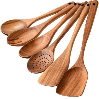 Zulay Kitchen Non-Scratch Teak Wooden Cooking Spoons 6 Piece Utensil ...