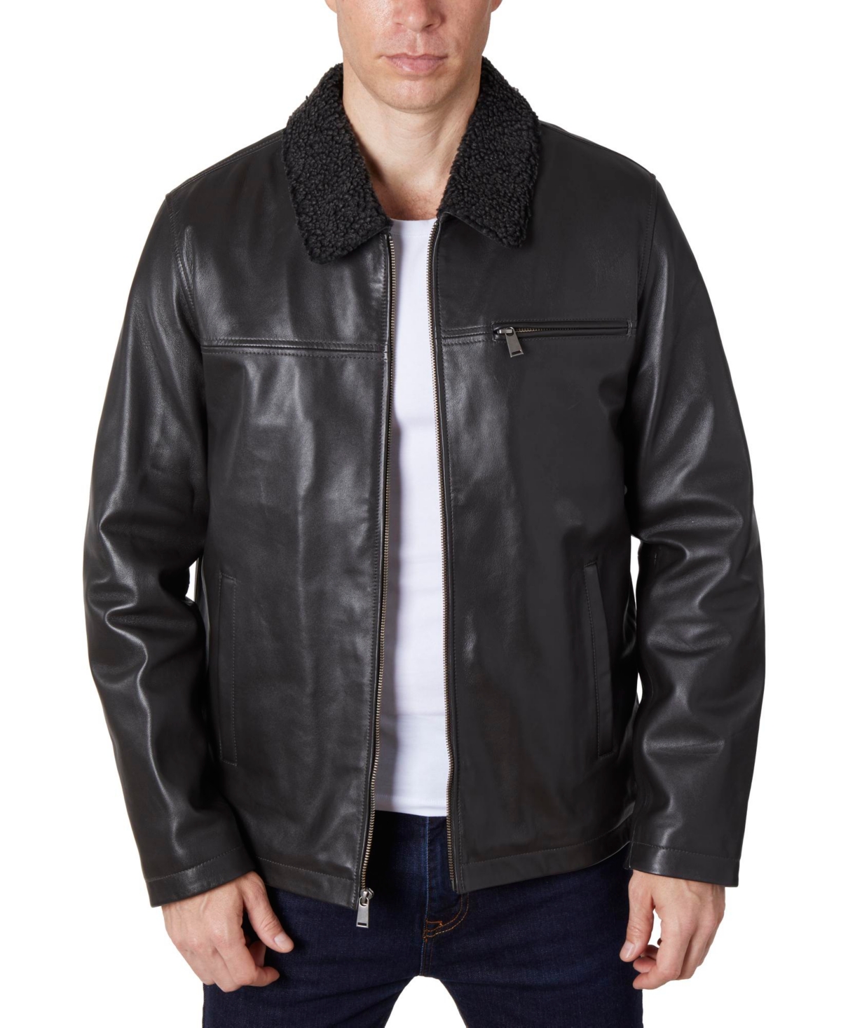 Shop Perry Ellis Men's Zipper Leather Jacket In Brown