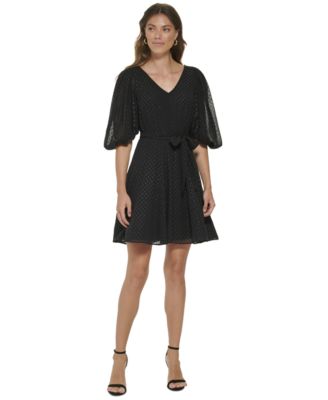 DKNY - Petite V-Neck Balloon-Sleeve Tie-Waist  Dress
