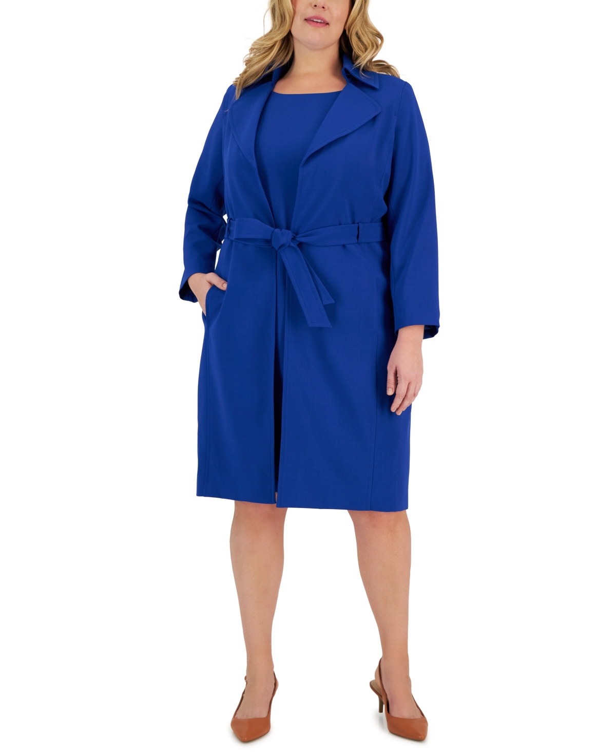 Le Suit Plus Size Belted Trench Jacket And Sheath Dress In Celeste Blue