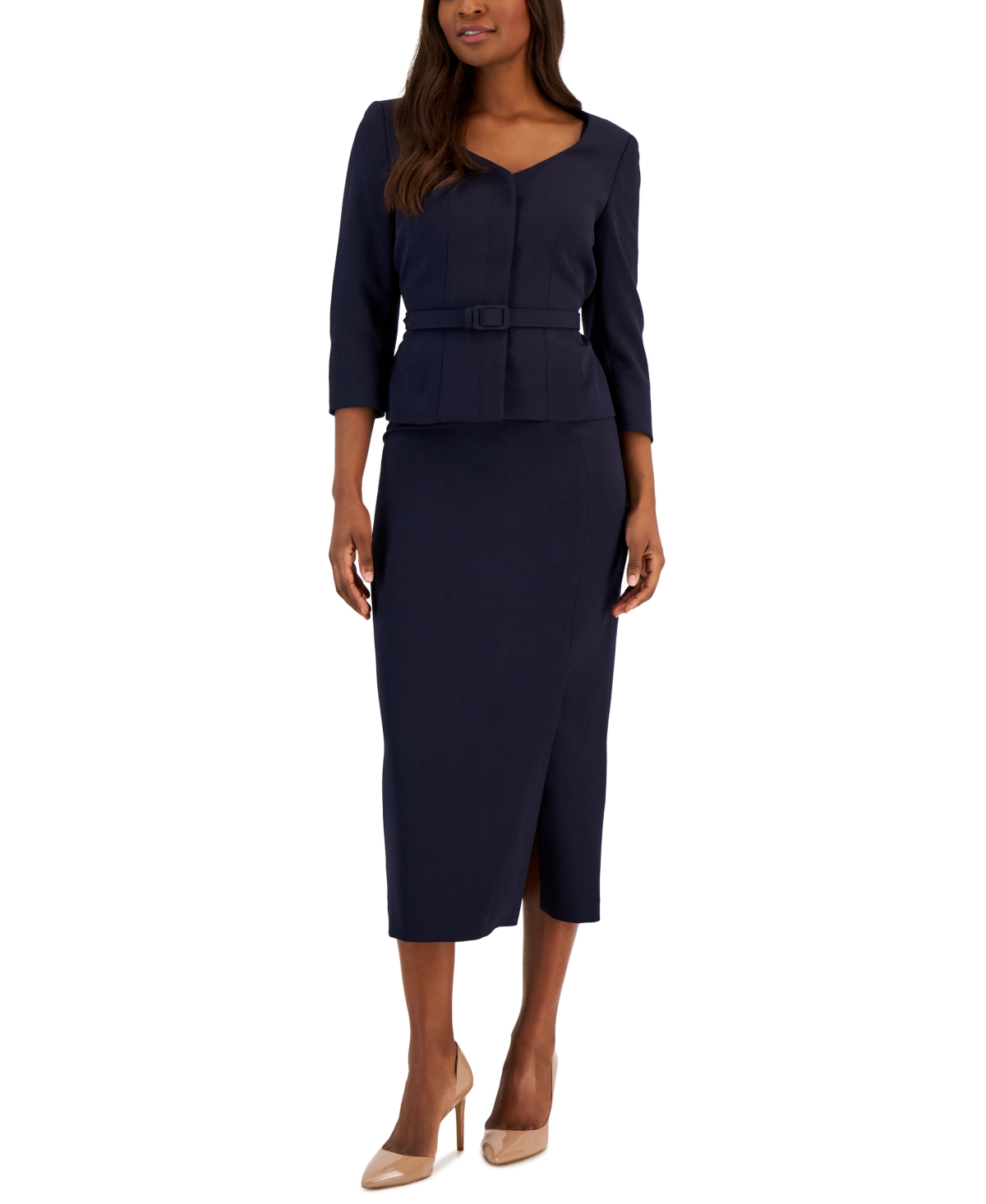 Le Suit Women's Belted Jacket 3/4-sleeve Skirt Suit In Navy