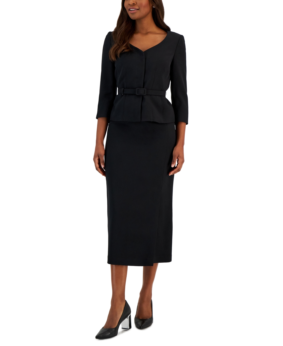 Women's Belted Jacket 3/4-Sleeve Skirt Suit - Black
