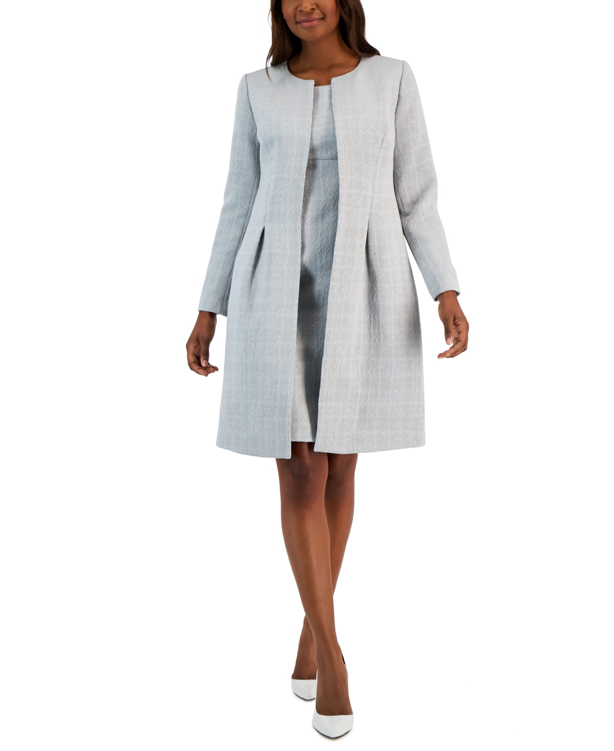 Le Suit Women's Jacquard Long Jacket & Sheath Dress, Regular And Petite Sizes In Platinum