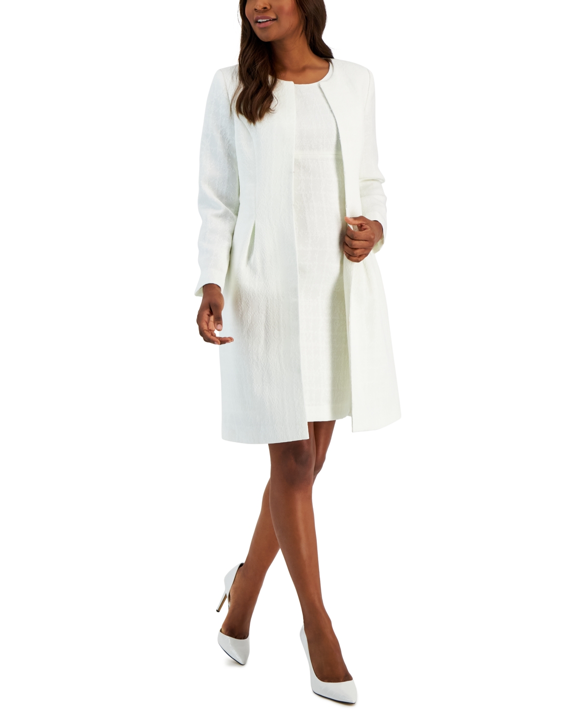 Le Suit Women's Jacquard Long Jacket & Sheath Dress, Regular And Petite Sizes In Vanilla Ice
