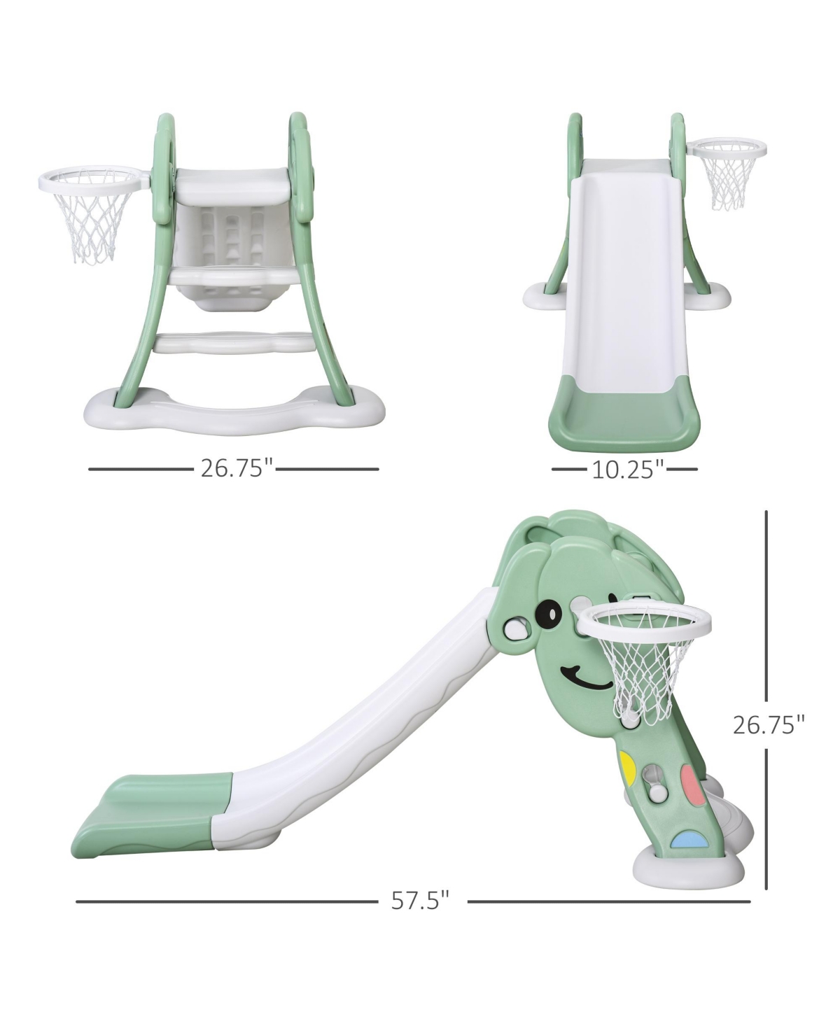 Qaba Lightweight Kids Slide, Basketball Hoop, Activity Playset, Green and White