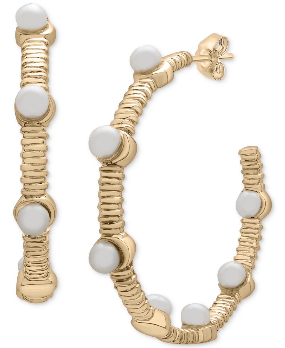 Macy's Cultured Freshwater Pearl (3mm) Textured Medium Hoop Earrings In 14k Gold-plated Sterling Silver, 1. In Gold Over Sterling Silver