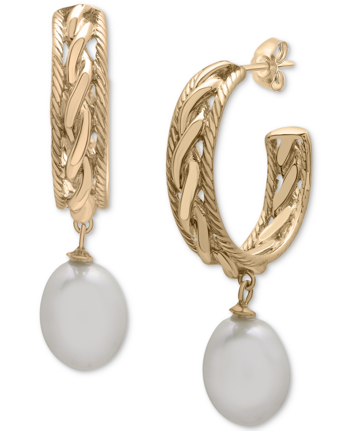 Macy's Cultured Freshwater Pearl (13 X 15mm) Dangle Hoop Earrings In 14k Gold-plated Sterling Silver In Gold Over Sterling Silver