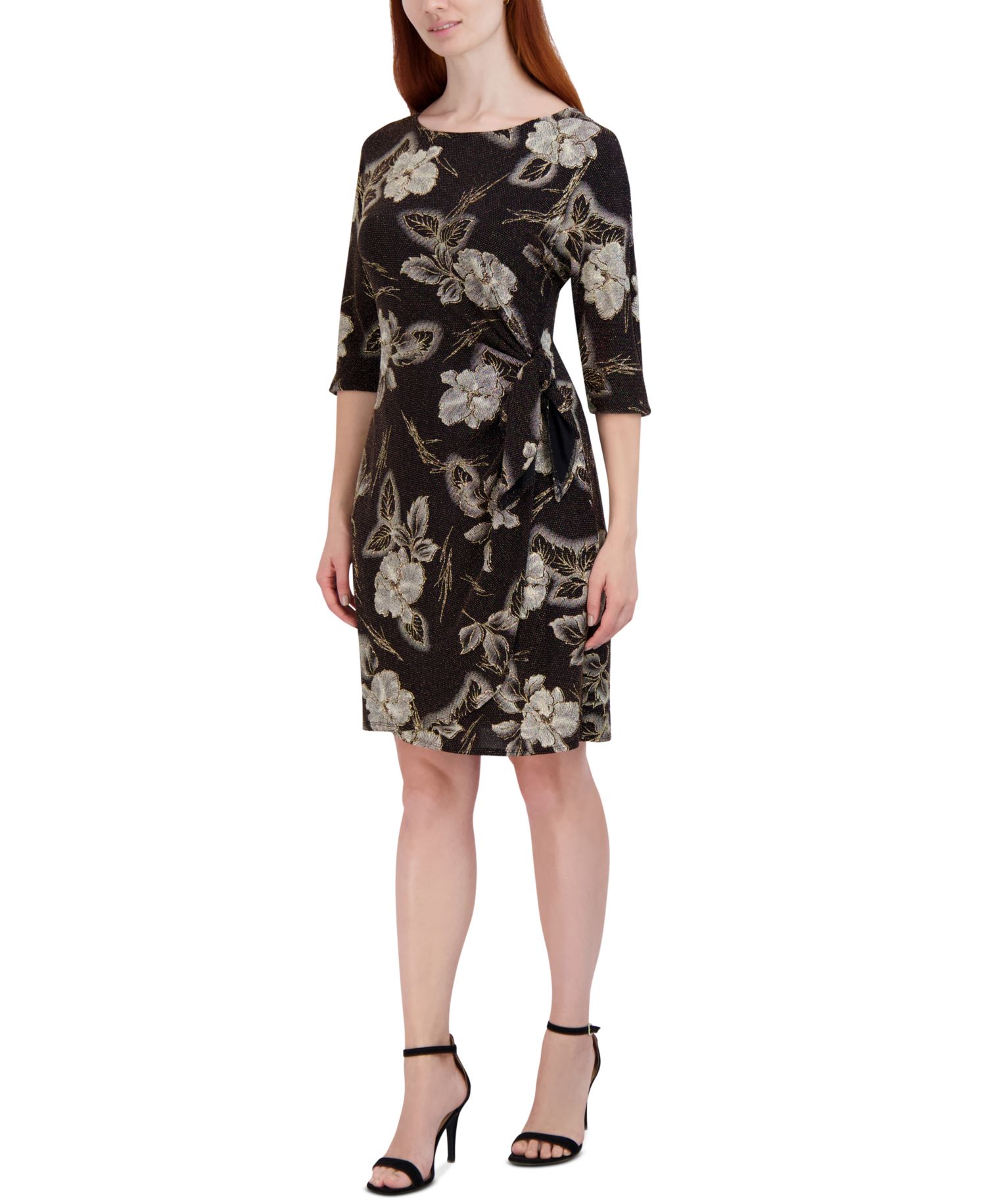 Plus Size Floral-Print Side-Knot 3/4-Sleeve Sheath Dress