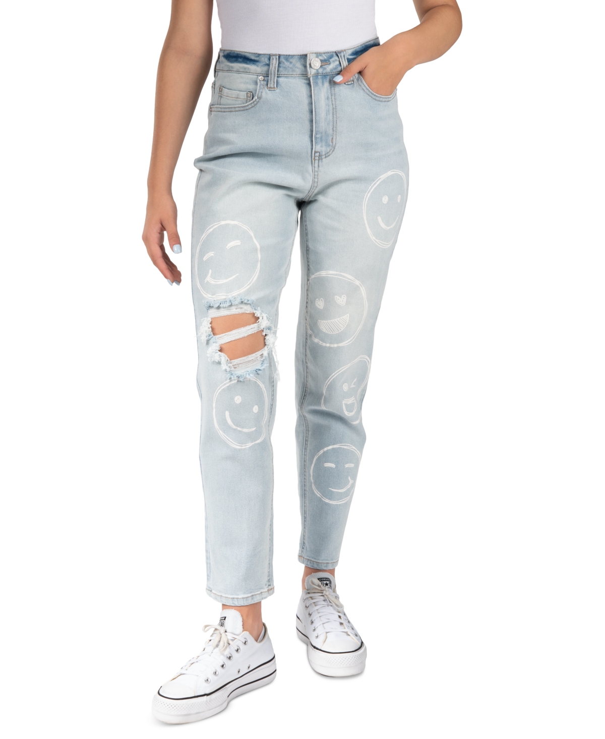 Indigo Rein Juniors' Super-high-rise Distressed Smiley-print Basic Mom Jeans In Light Blue