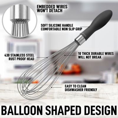 Heavy Duty and Durable Wire 12 Inch Whisk with Non-Slip Silicone Handle for Blending, Whipping & Beating