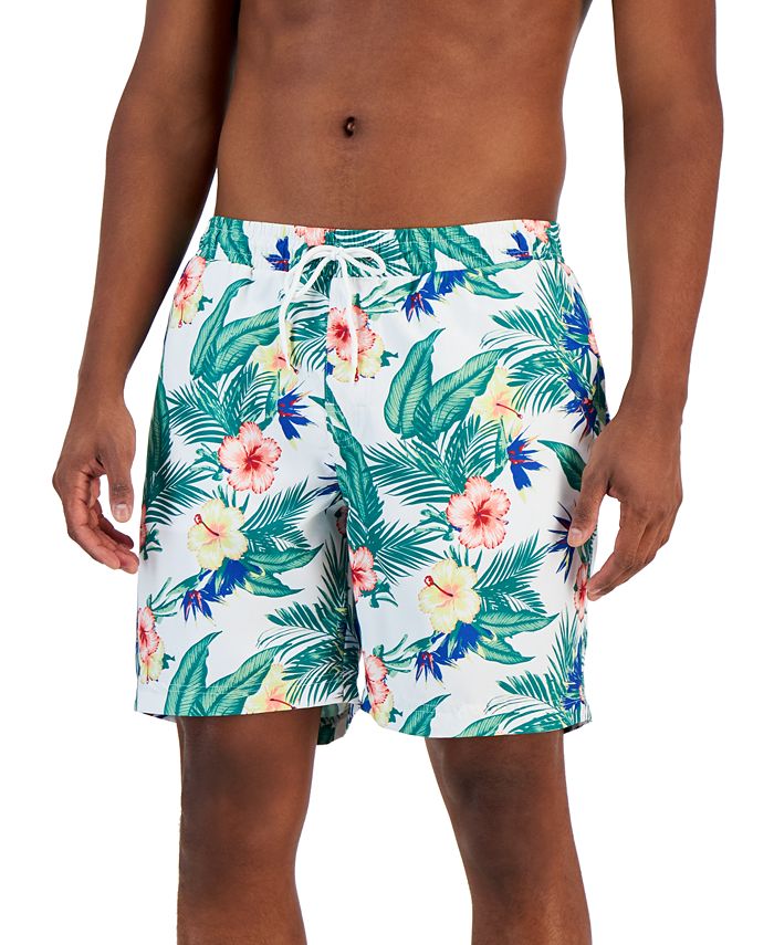 Club Room Men's Tropical Leaves Swim Trunks, Created For Macy's In Basic  Navy Comb