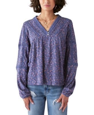 Lucky Brand - Women's Floral-Print Lace-Inset Peasant Top