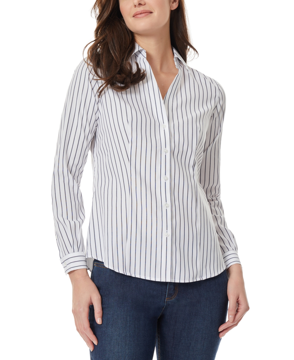 Women's Easy Care Button Up Long Sleeve Blouse - NYC White, Collection Navy