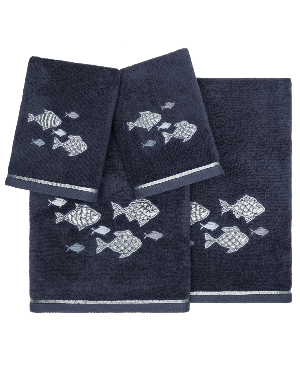 Linum Home Textiles Turkish Cotton Figi Embellished Towel Set, 4 Piece In Marine