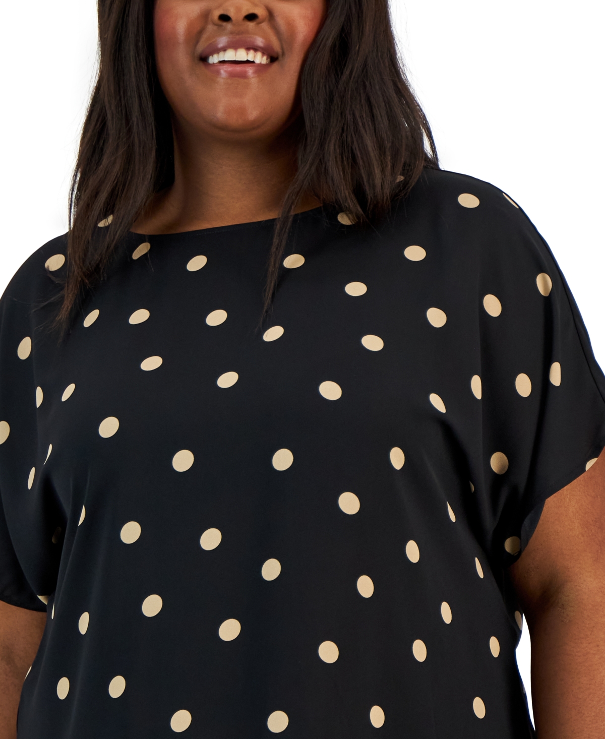 Anne Klein Plus Size Dot-Print Bateau-Neck Short-Sleeve Blouse -latte