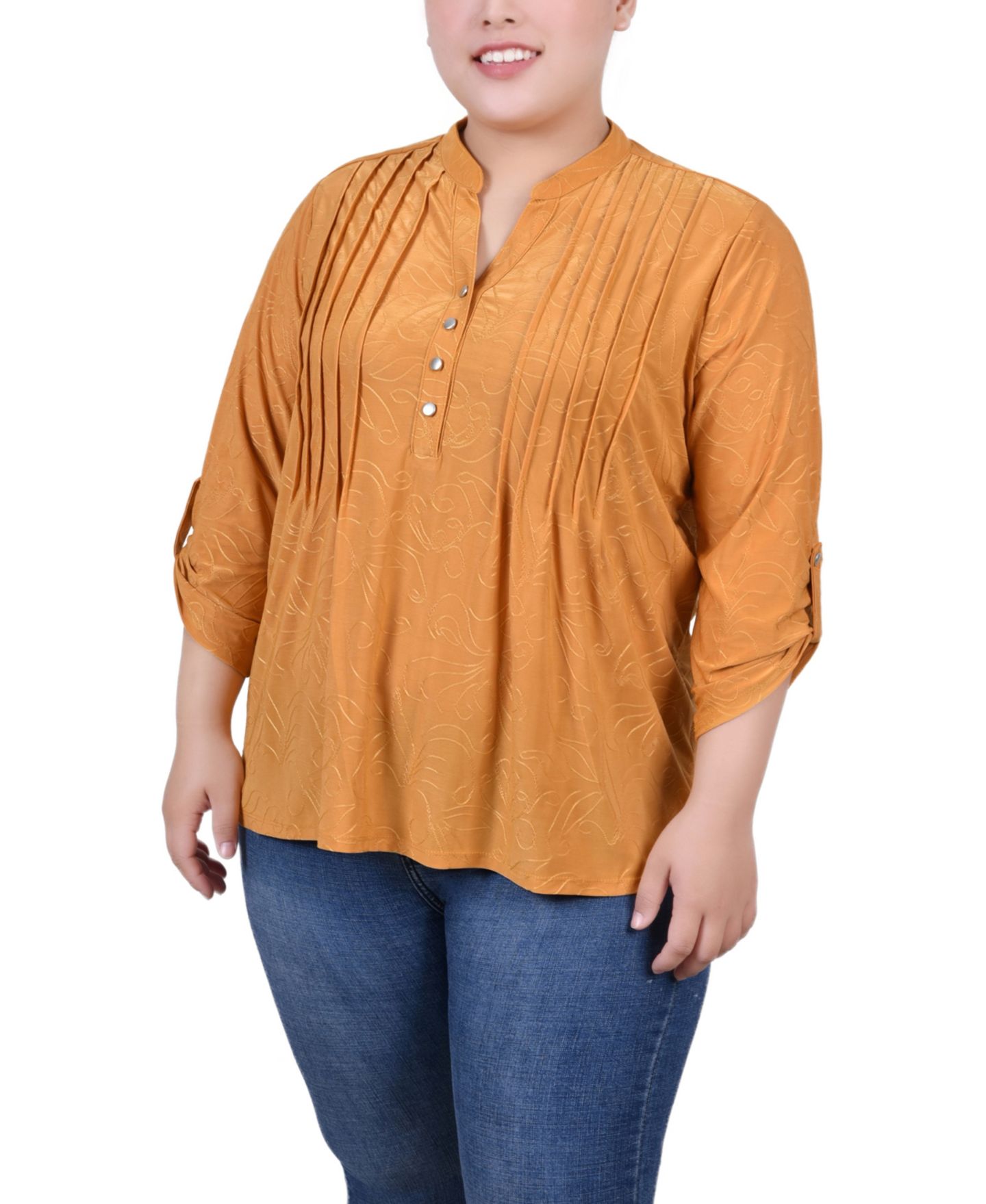 Женский свитер NY Collection Plus Size 3/4 Roll Tab Pullover Top, цвет: Золотой — фото 1
