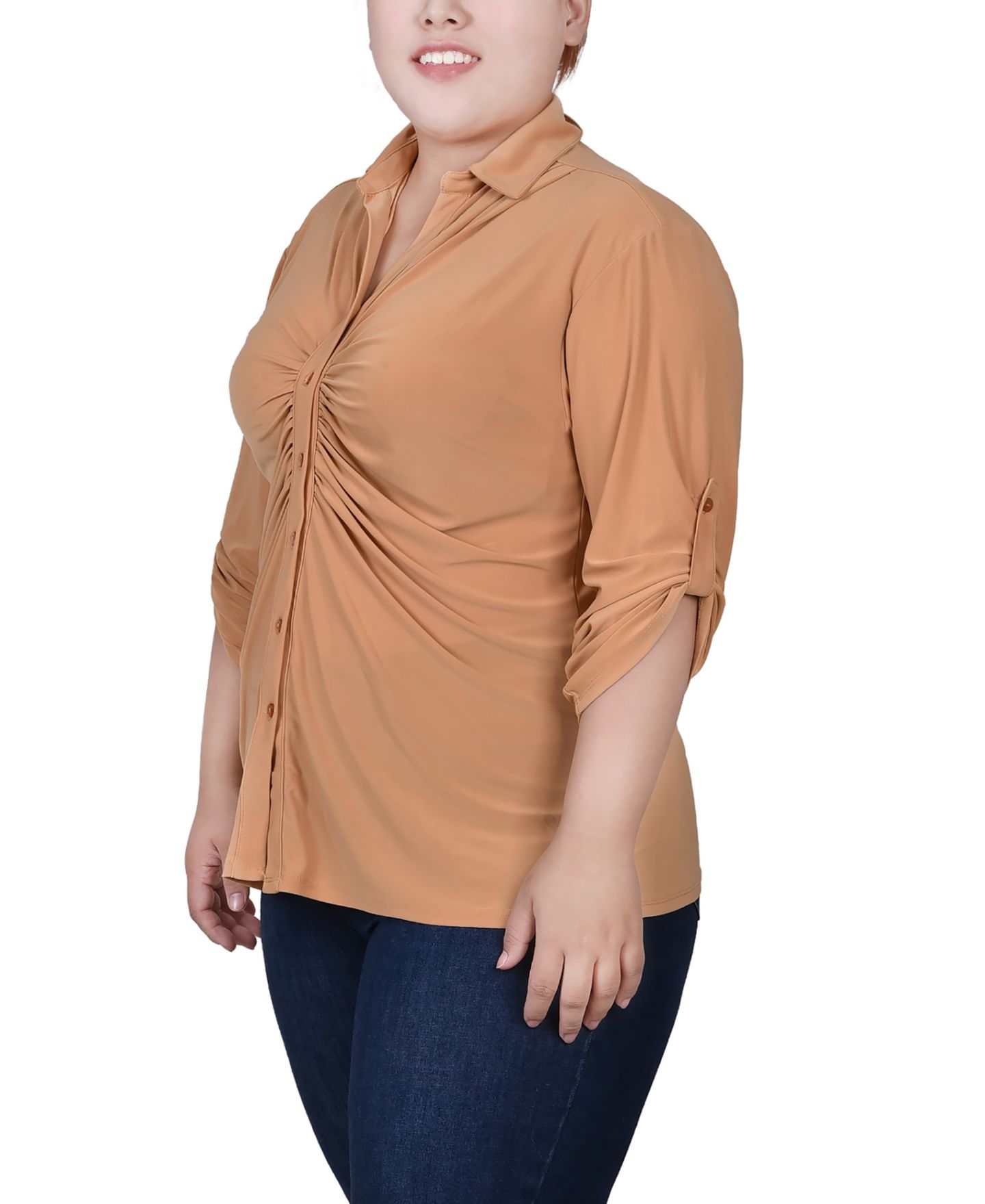 Женский топ NY Collection Plus Size 3/4 Roll Tab Rouched-Front, цвет: Кофейный — фото 3