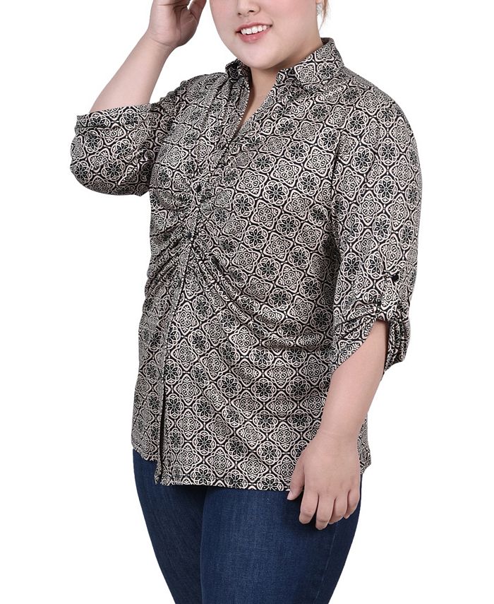 NY Collection Missy 3/4 Roll Tab Zip Front Top - Golden Glow