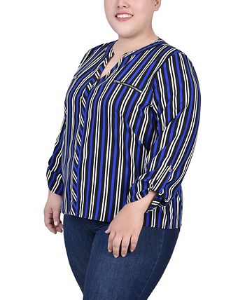 Yellow 3/4 Roll Tab Blouse With Pockets - Plus Size