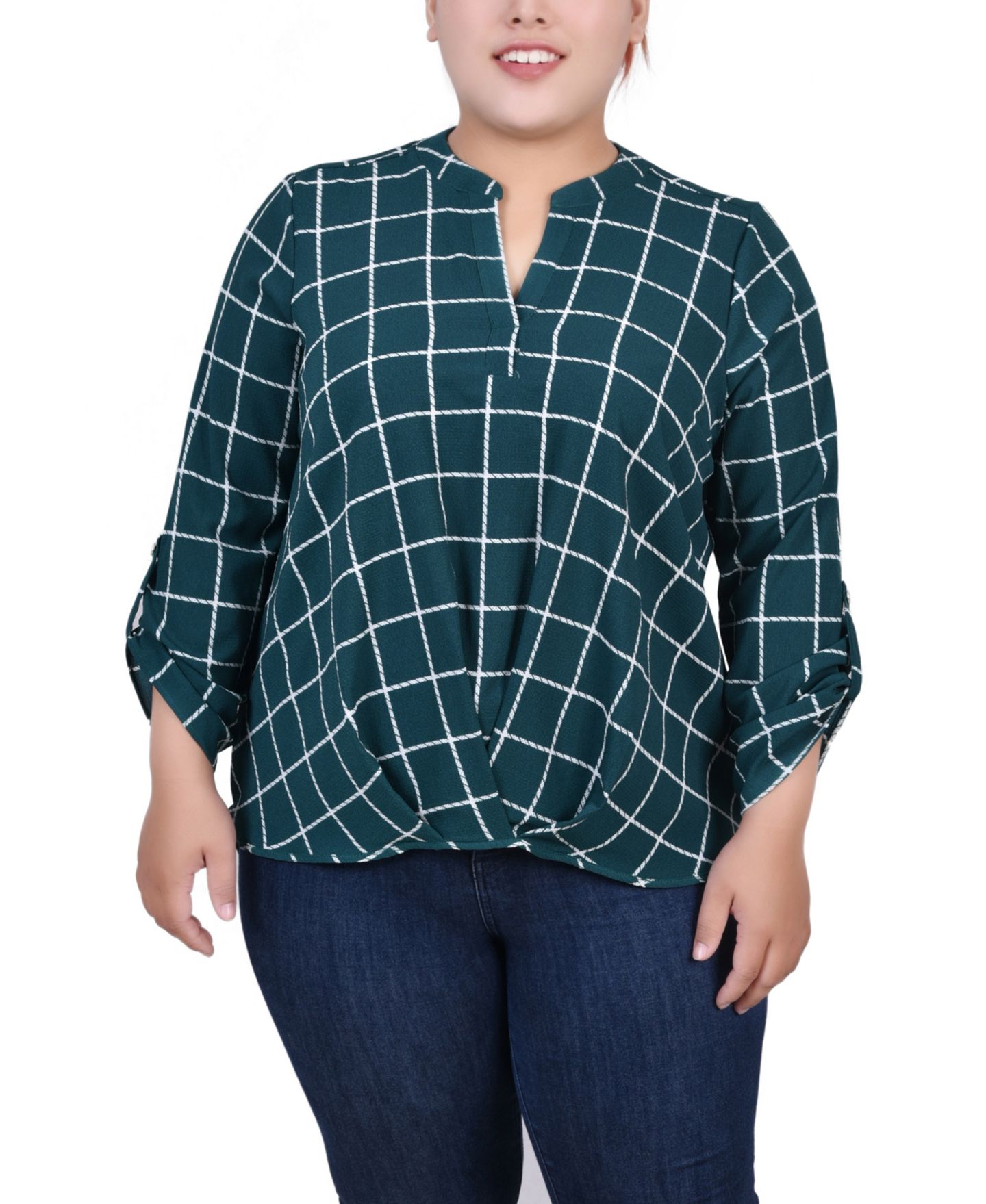 Женская блузка NY Collection Plus Size 3/4 Sleeve Mandarin Collar with Front Pleats, цвет: Зелёный с принтом — фото 1